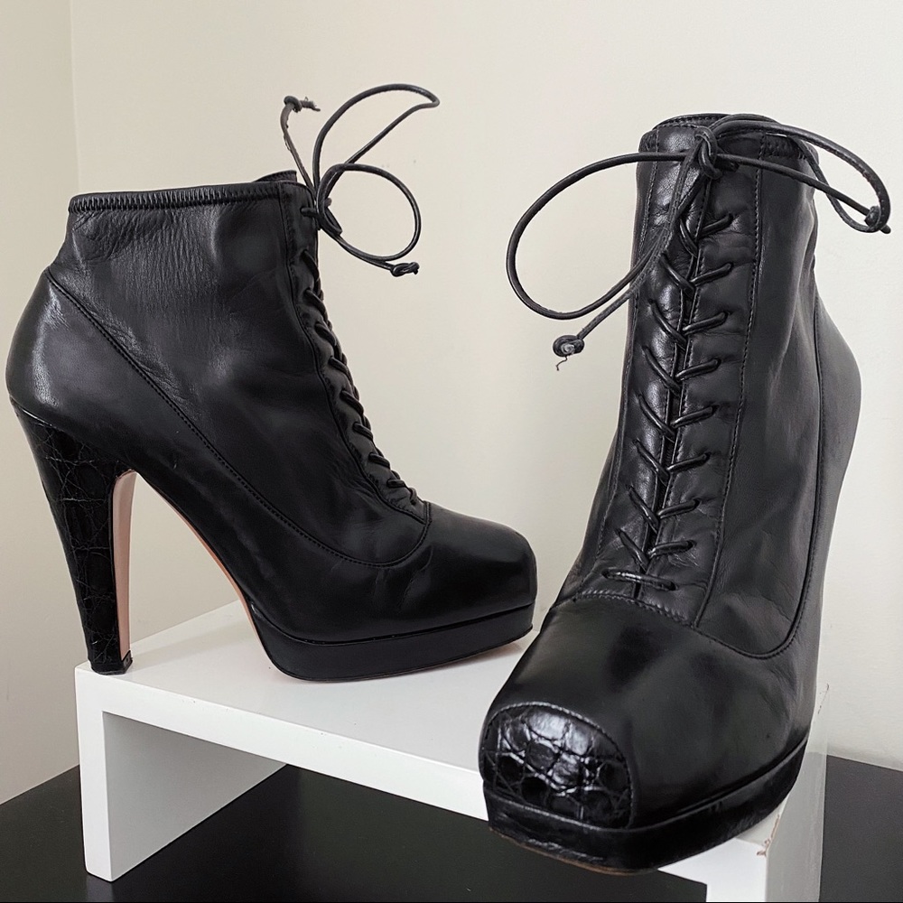 RARE Alaia Paris Black Leather Alligator Croc Square Toe Ankle Boots 40 10 Italy